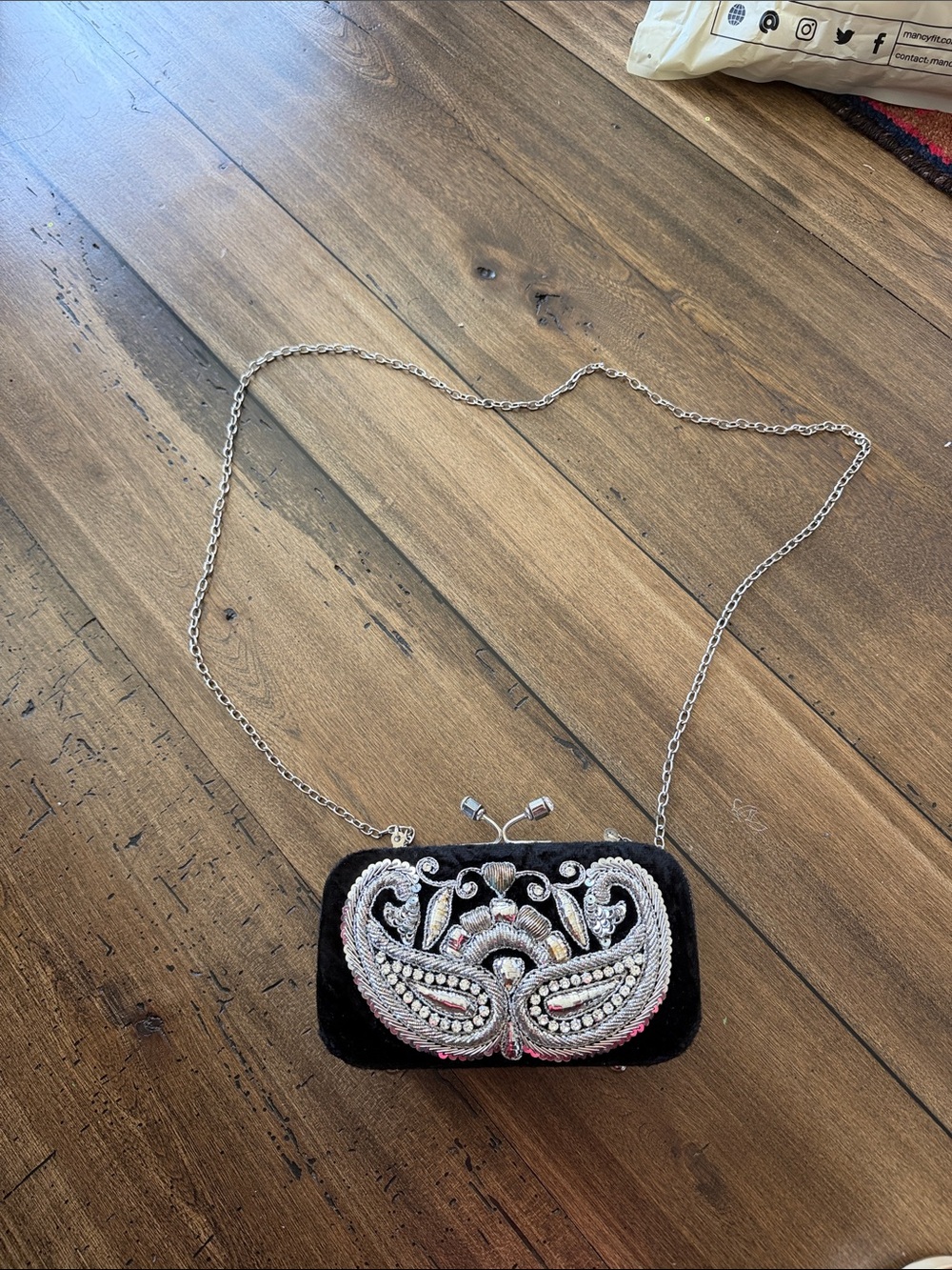 Black Embellished Evening Clutch with Silver Chain